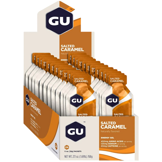 GU Gel Energía, Salted Caramel (20 mg Cafeína) 768g (24 gels 32g) – GU Energy-Wellu