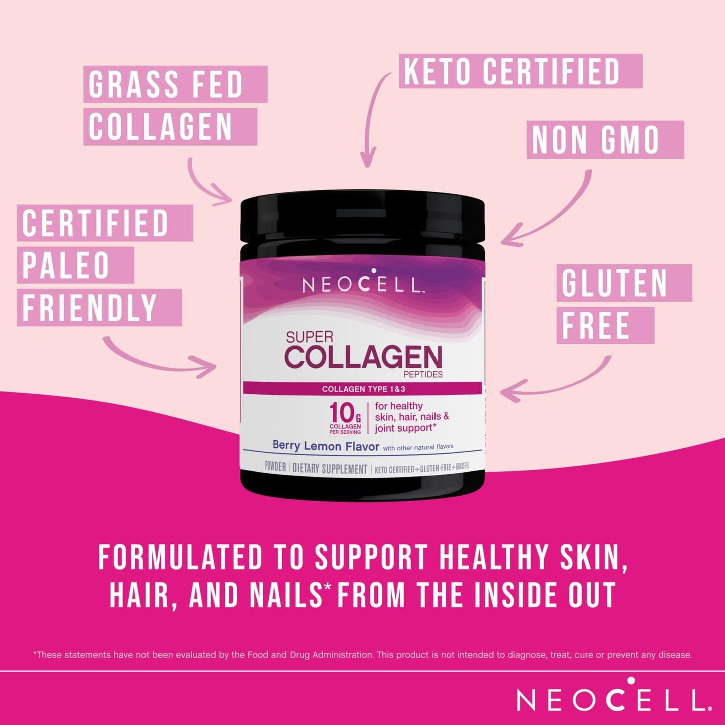 NeoCell, Super Collagen Peptides, Type 1 & 3, Berry Lemon, 6.7 oz (190 g)-Wellu