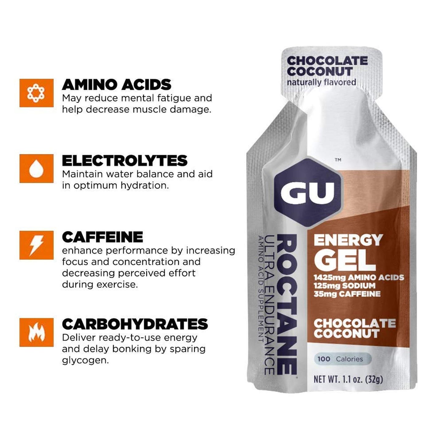 Roctane Gel Energía, Choco Coco (35 mg Cafeína) (24 gels 32g) – GU Energy-Wellu