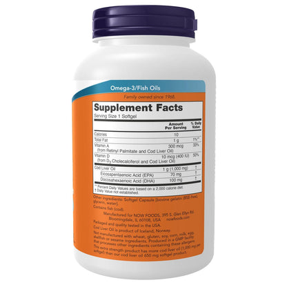 Aceite de Hígado de Bacalao 1000mg, 180 geles – NOW Foods-Wellu