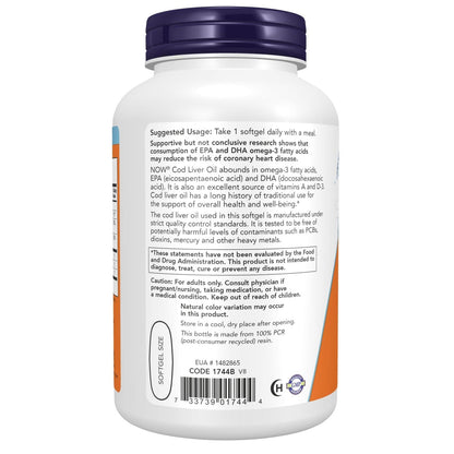 Aceite de Hígado de Bacalao 1000mg, 180 geles – NOW Foods-Wellu