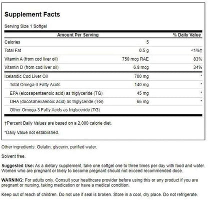 Aceite de Hígado de Bacalao 700mg, 30 Softcaps – Swanson-Wellu