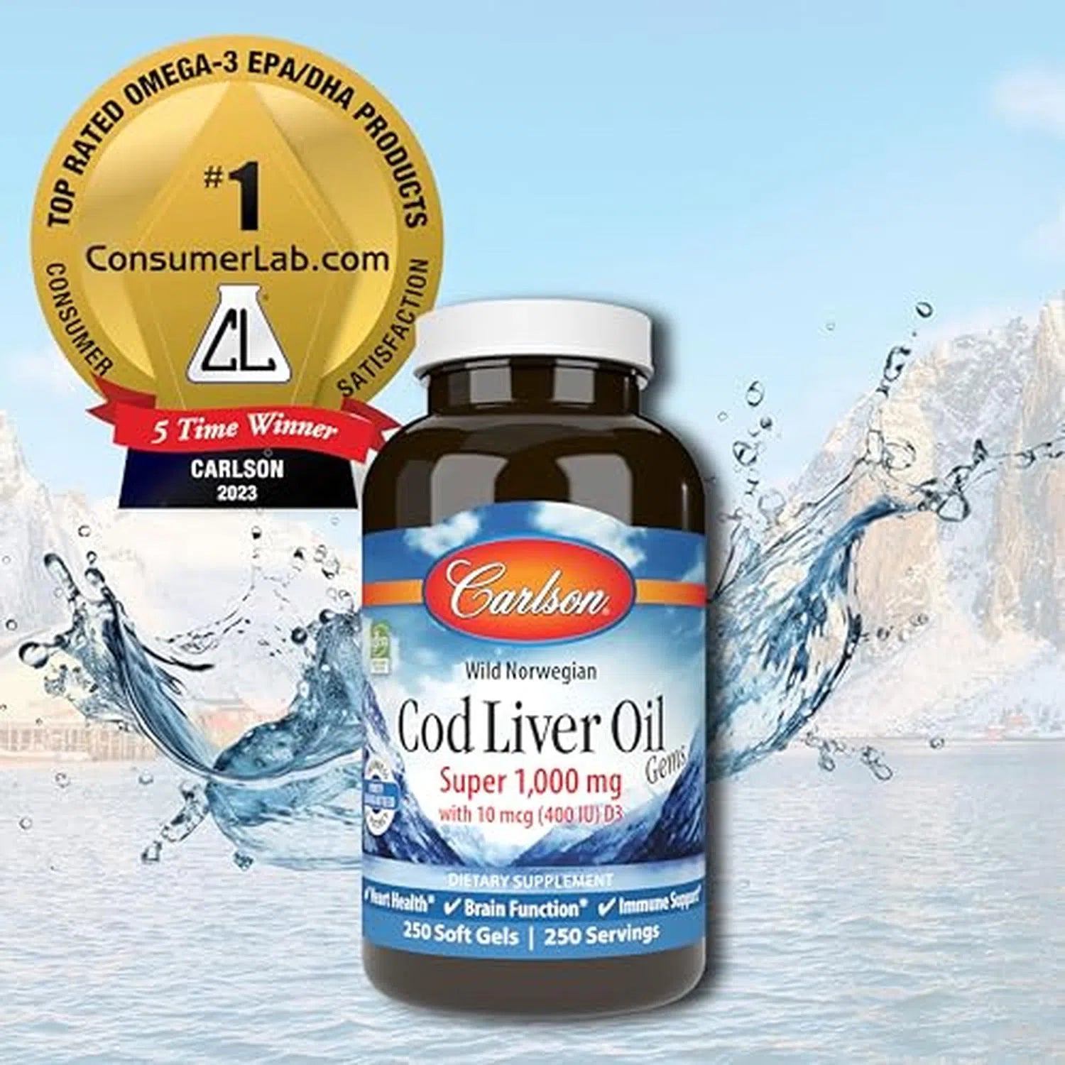 Aceite de Hígado de Bacalao Salvaje Noruego (1,000mg Omega3 + 10mcg (400 UI) Vitamina D3), 250 caps-Wellu