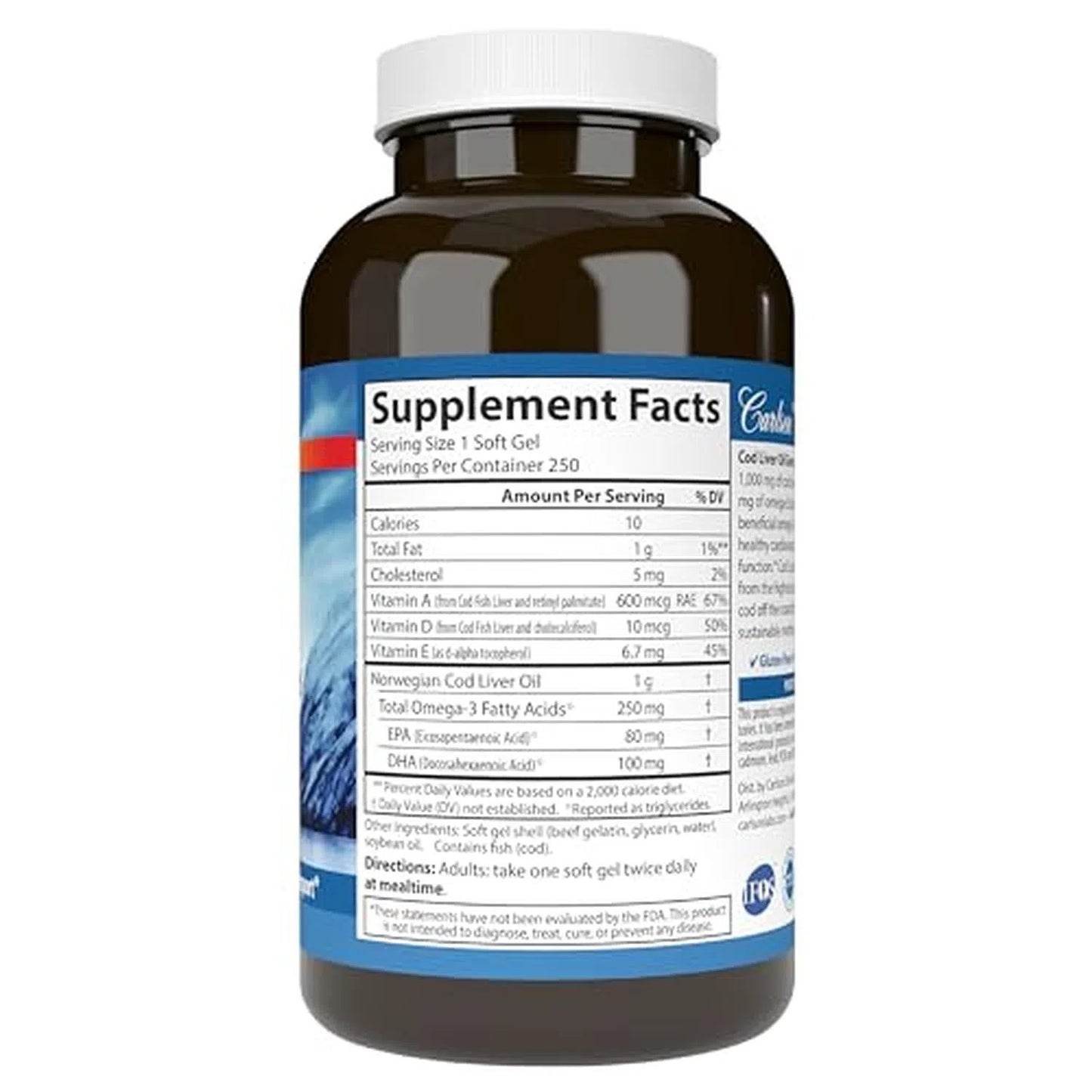 Aceite de Hígado de Bacalao Salvaje Noruego (1,000mg Omega3 + 10mcg (400 UI) Vitamina D3), 250 caps-Wellu