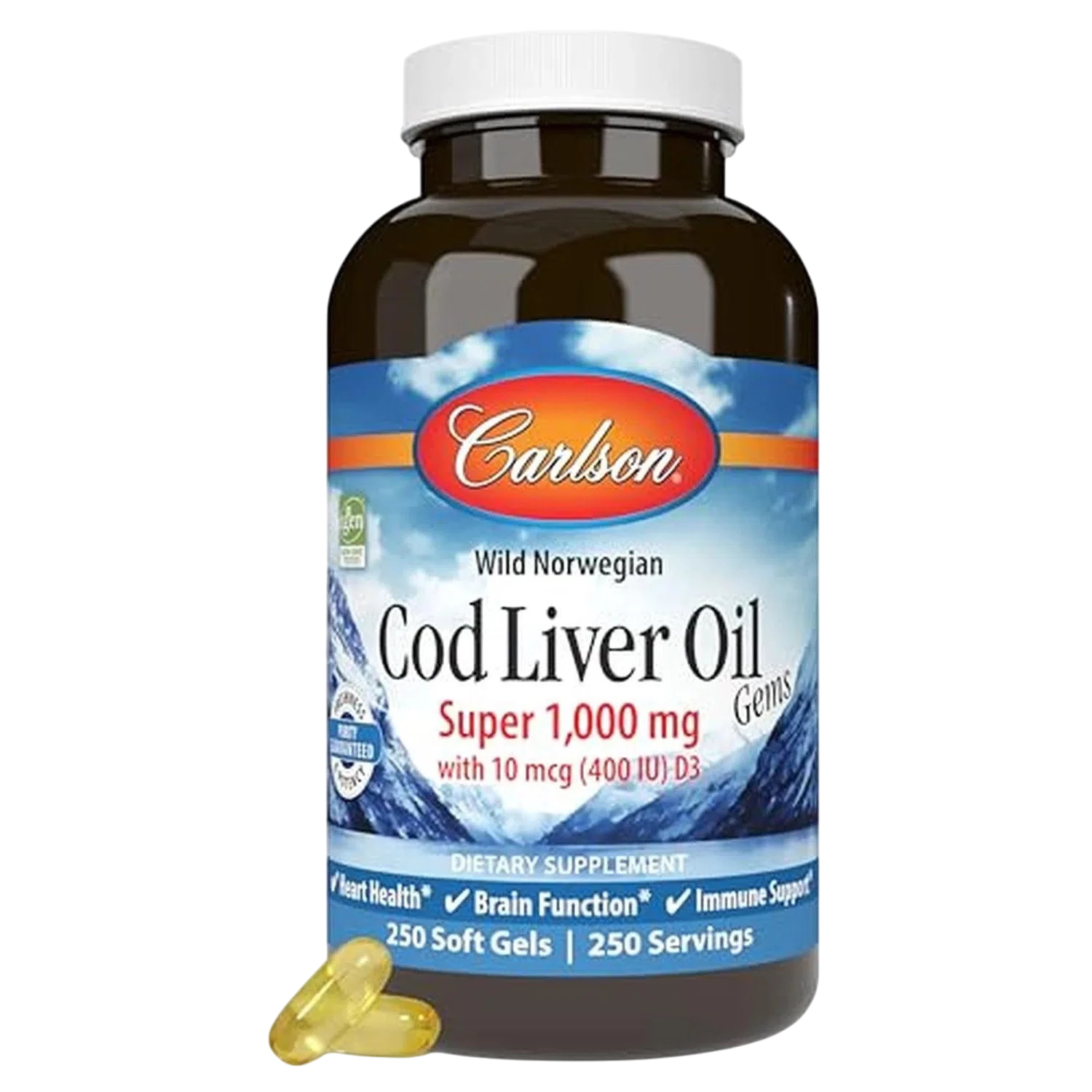 Aceite de Hígado de Bacalao Salvaje Noruego (1,000mg Omega3 + 10mcg (400 UI) Vitamina D3), 250 caps-Wellu