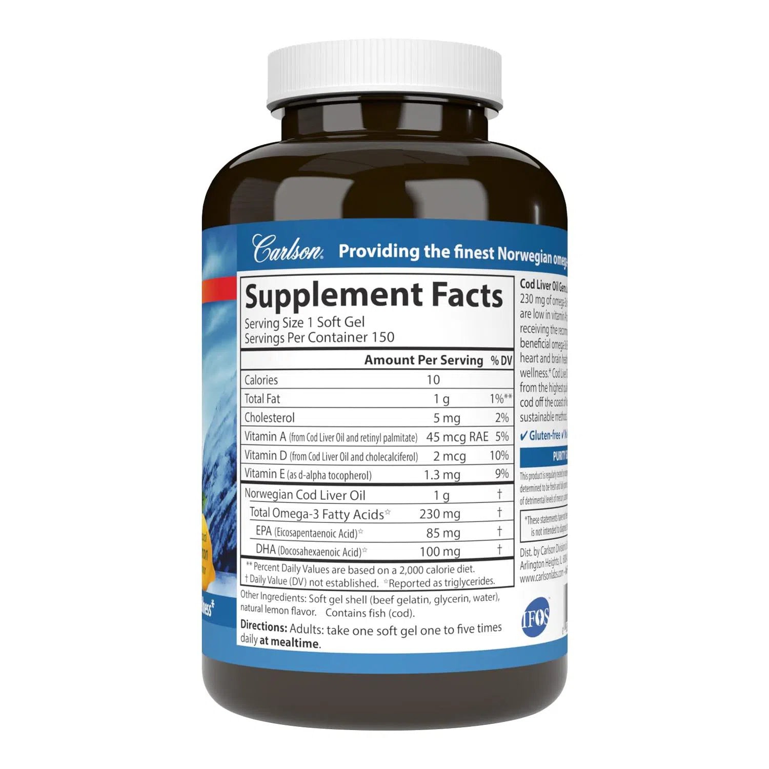 Aceite de Hígado de Bacalao + Vitamina A (230 mg Omega-3), 150 Soft Gels – Carlson Labs-Wellu