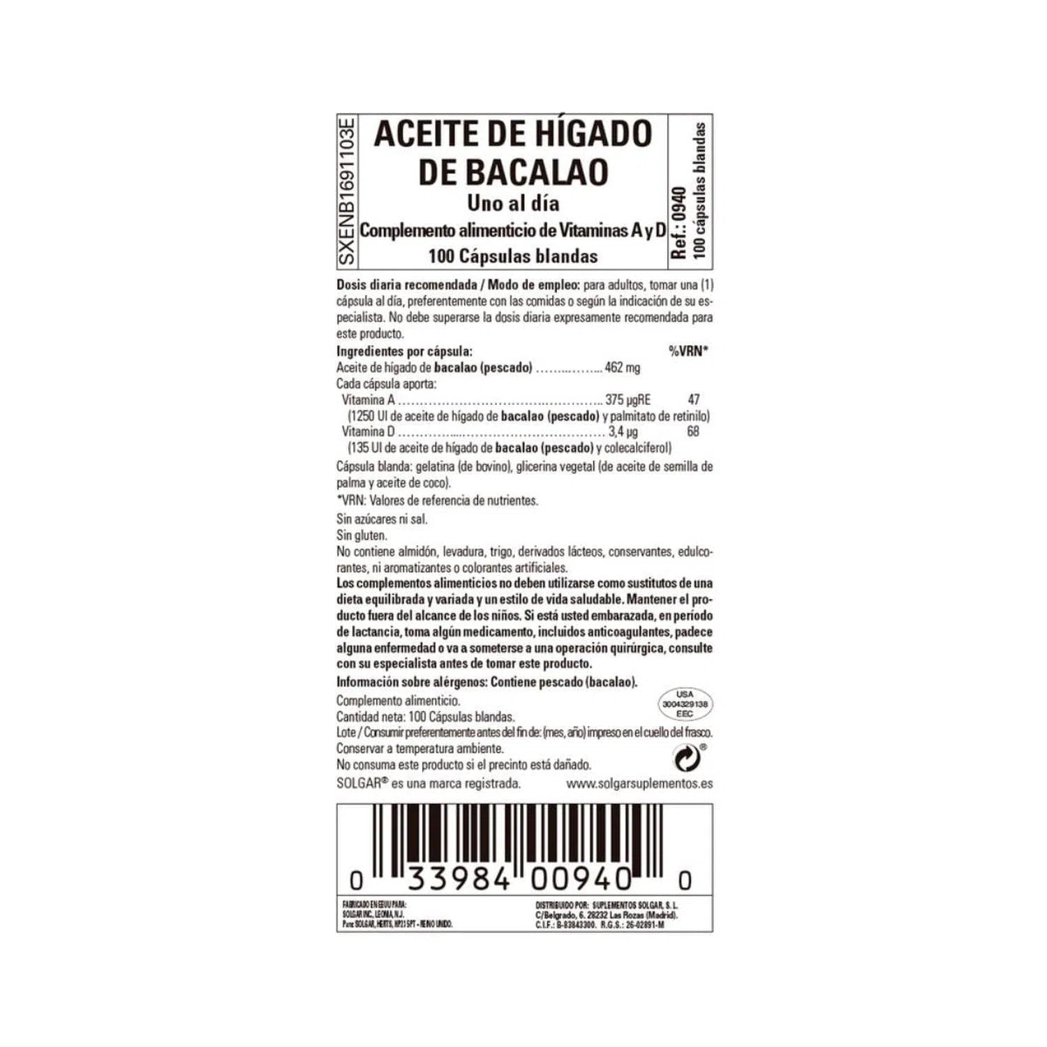 Aceite de Hígado de Bacalao (con Vitamina A & D), 100 Softgels – Solgar-Wellu