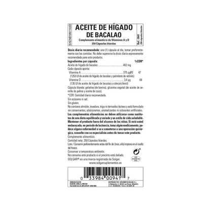 Aceite de Hígado de Bacalao (con Vitamina A & D), 100 Softgels – Solgar-Wellu