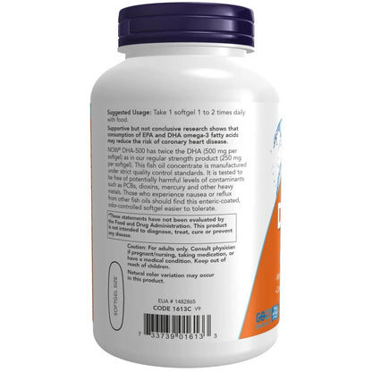 Aceite de pescado DHA-500 de doble potencia, 180 Softgels – NOW Foods-Wellu