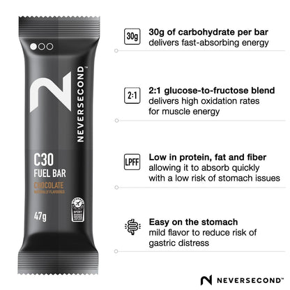 Barra energética C30 sabor Chocolate, 47g (Paq. 12 pzas) – NeverSecond-Wellu