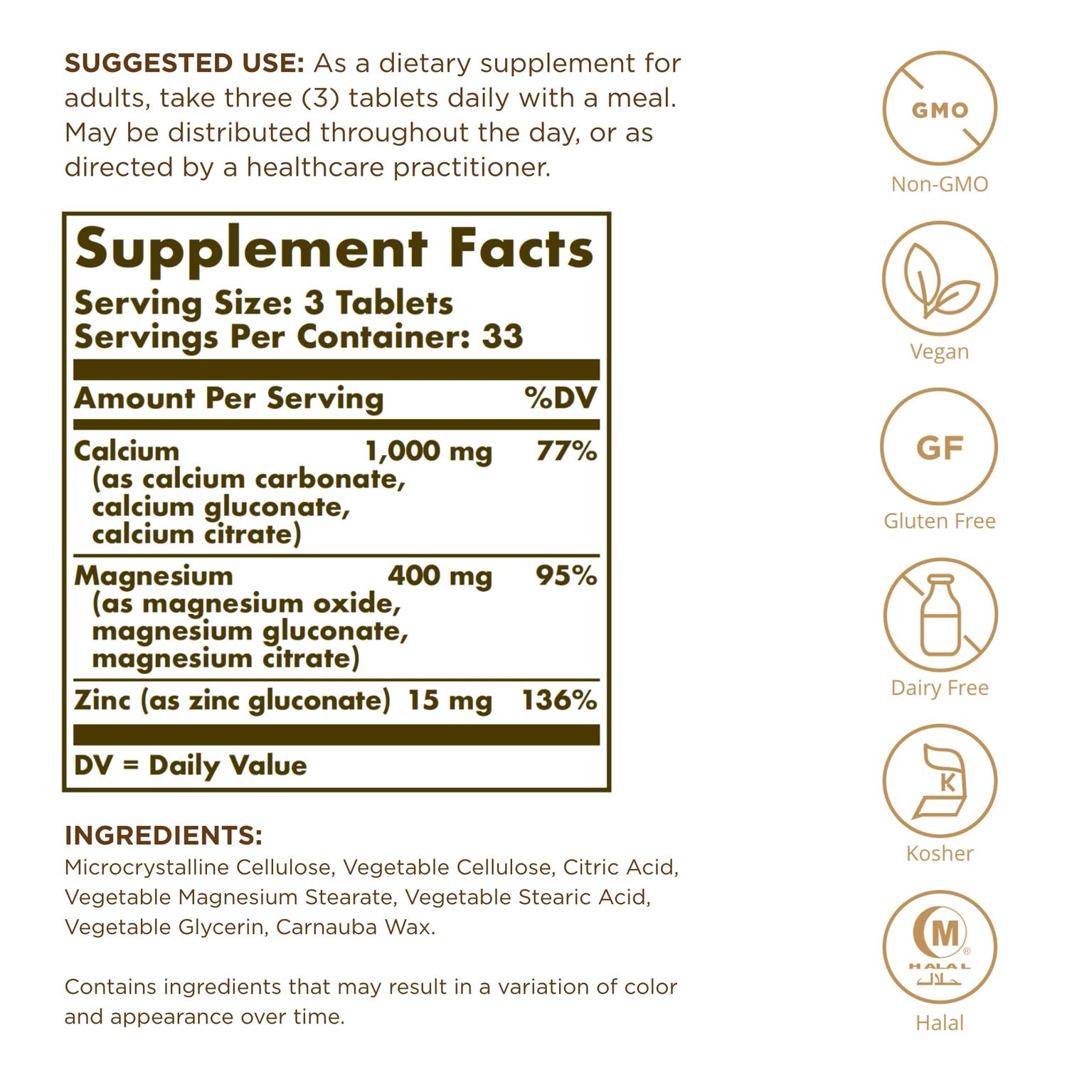 Calcium Magnesium + Zinc, 100 Tab – Solgar-Wellu