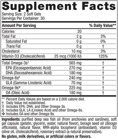 Complete Omega D3 565mg (Omega 3 + 70mg, GLA+1000 IU D3), 60 Softgels – Nordic Naturals-Wellu