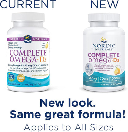 Complete Omega D3 565mg (Omega 3 + 70mg, GLA+1000 IU D3), 60 Softgels – Nordic Naturals-Wellu