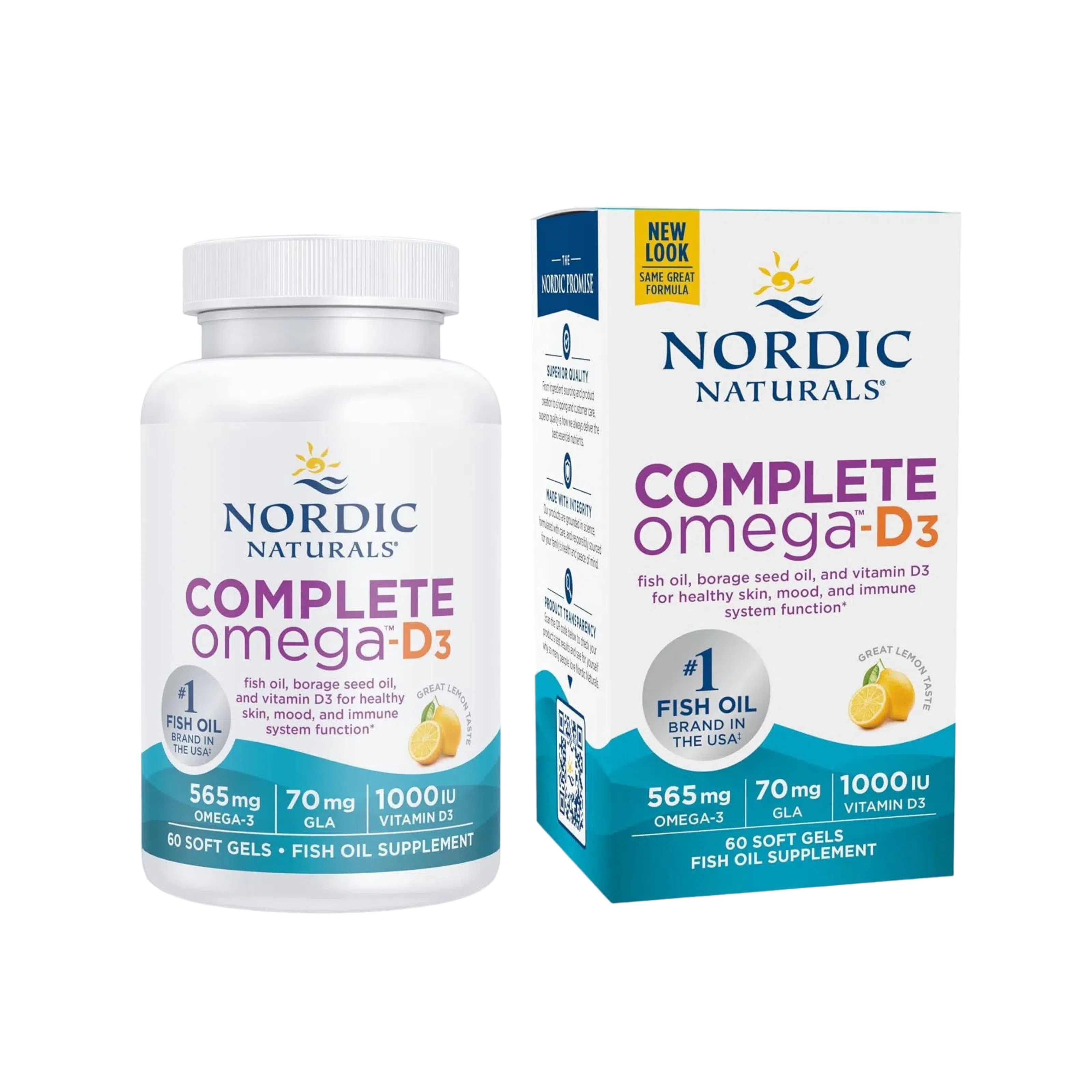 Complete Omega D3 565mg (Omega 3 + 70mg, GLA+1000 IU D3), 60 Softgels – Nordic Naturals-Wellu