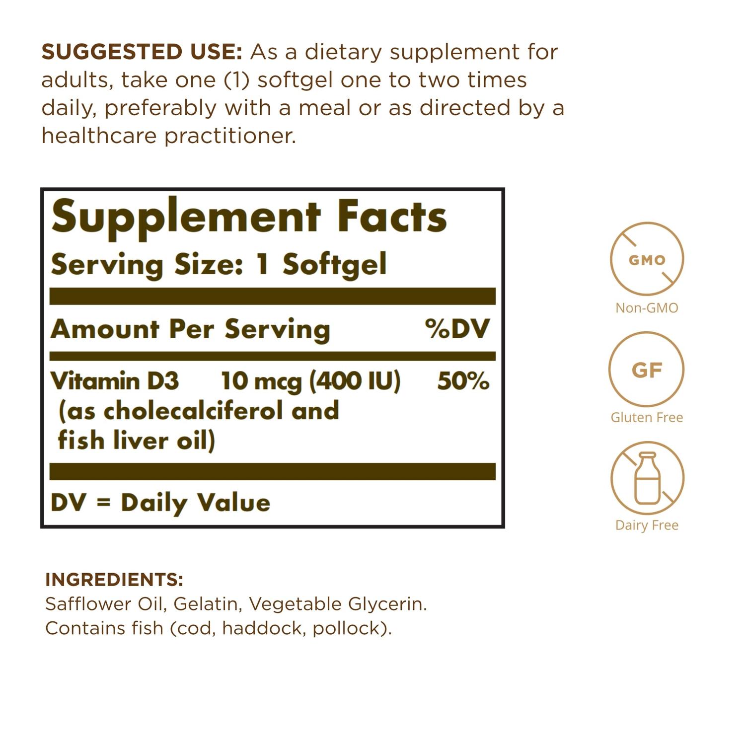 D3 Cholecalciferol (400 IU), 250 Sofgels – Solgar-Wellu