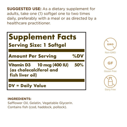 D3 Cholecalciferol (400 IU), 250 Sofgels – Solgar-Wellu