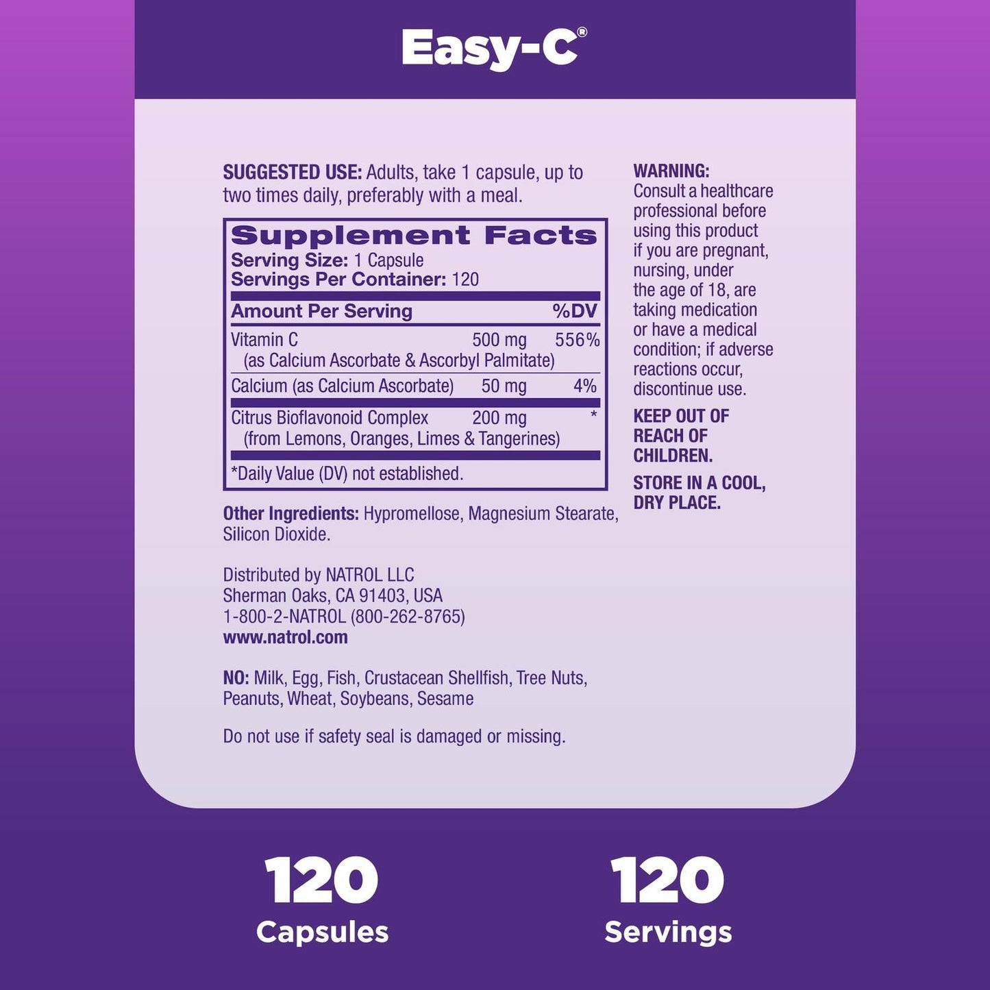 Easy-C Vitamina C y Bioflavonoides 500mg, 120 cápsulas – Natrol-Wellu