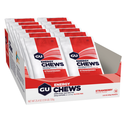 GU Chews Energía Strawberry (20 mg Cafeína), 720g (12 bolsas 60g) – GU Energy-Wellu