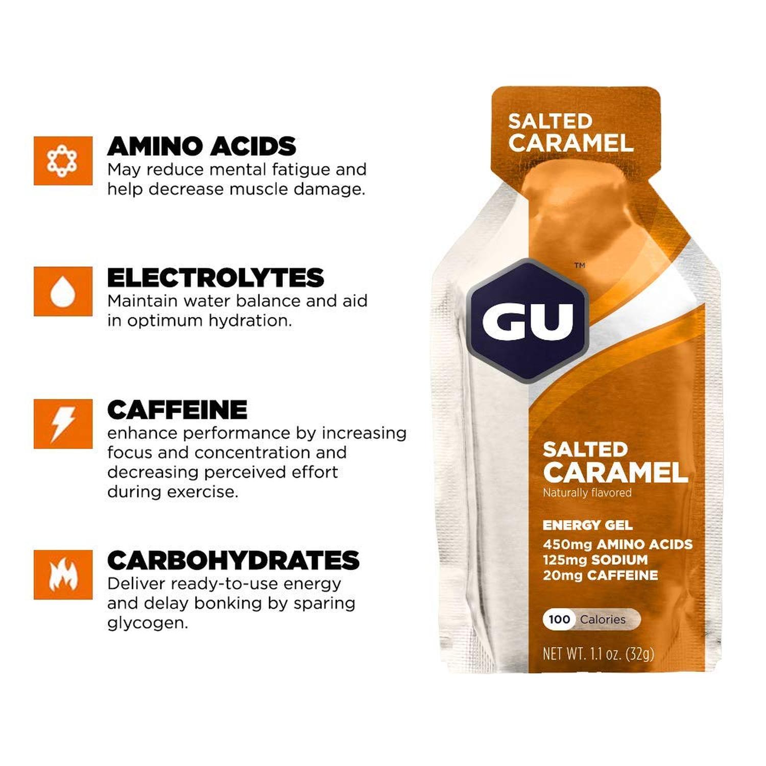 GU Gel Energía, Salted Caramel (20 mg Cafeína) 768g (24 gels 32g) – GU Energy-Wellu
