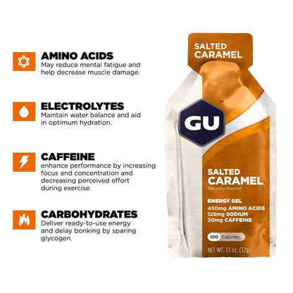 GU Gel Energía, Salted Caramel (20 mg Cafeína) 768g (24 gels 32g) – GU Energy-Wellu