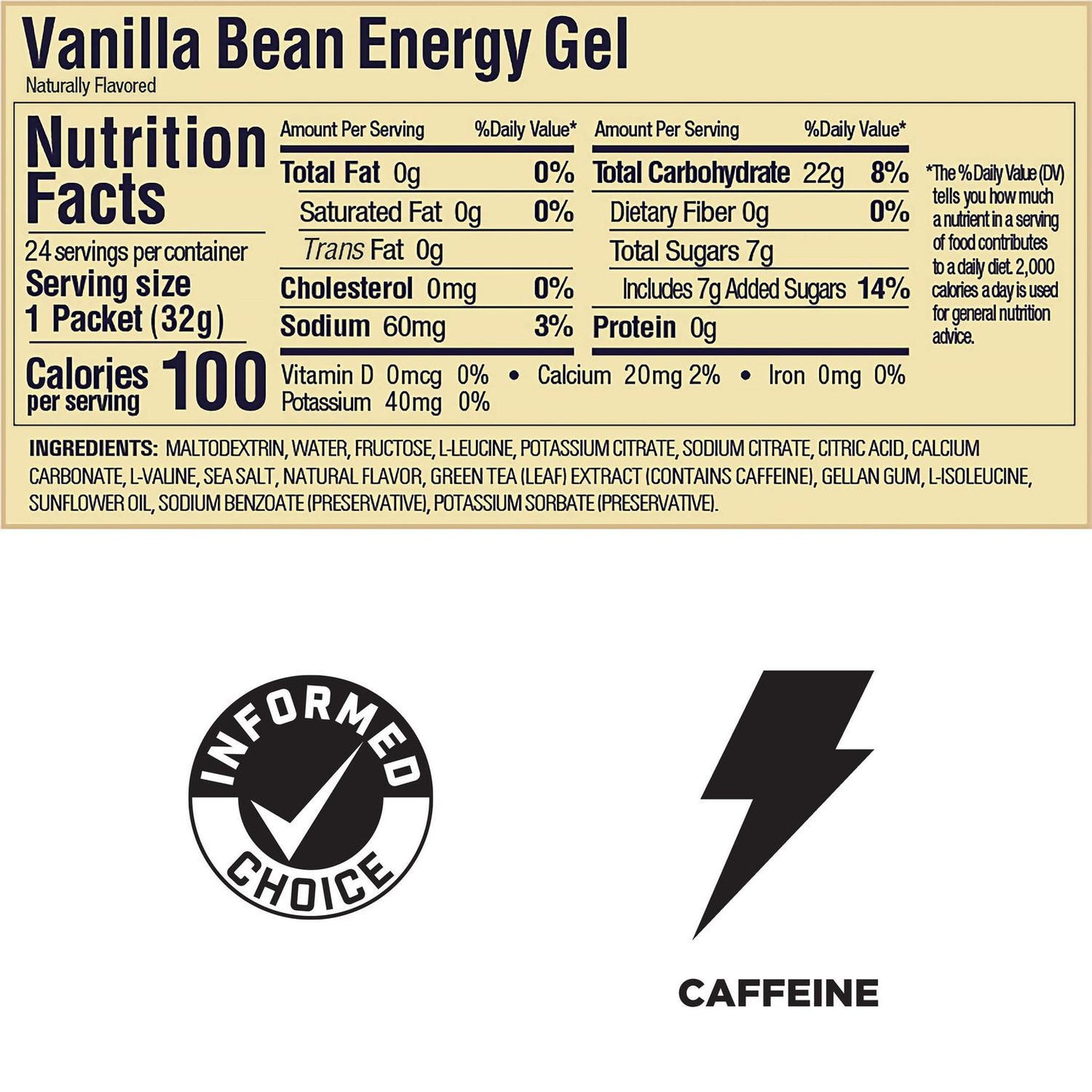 GU Gel Energía, Vainilla Bean (20 mg Cafeína) 768g (24 gels 32g) – GU Energy-Wellu