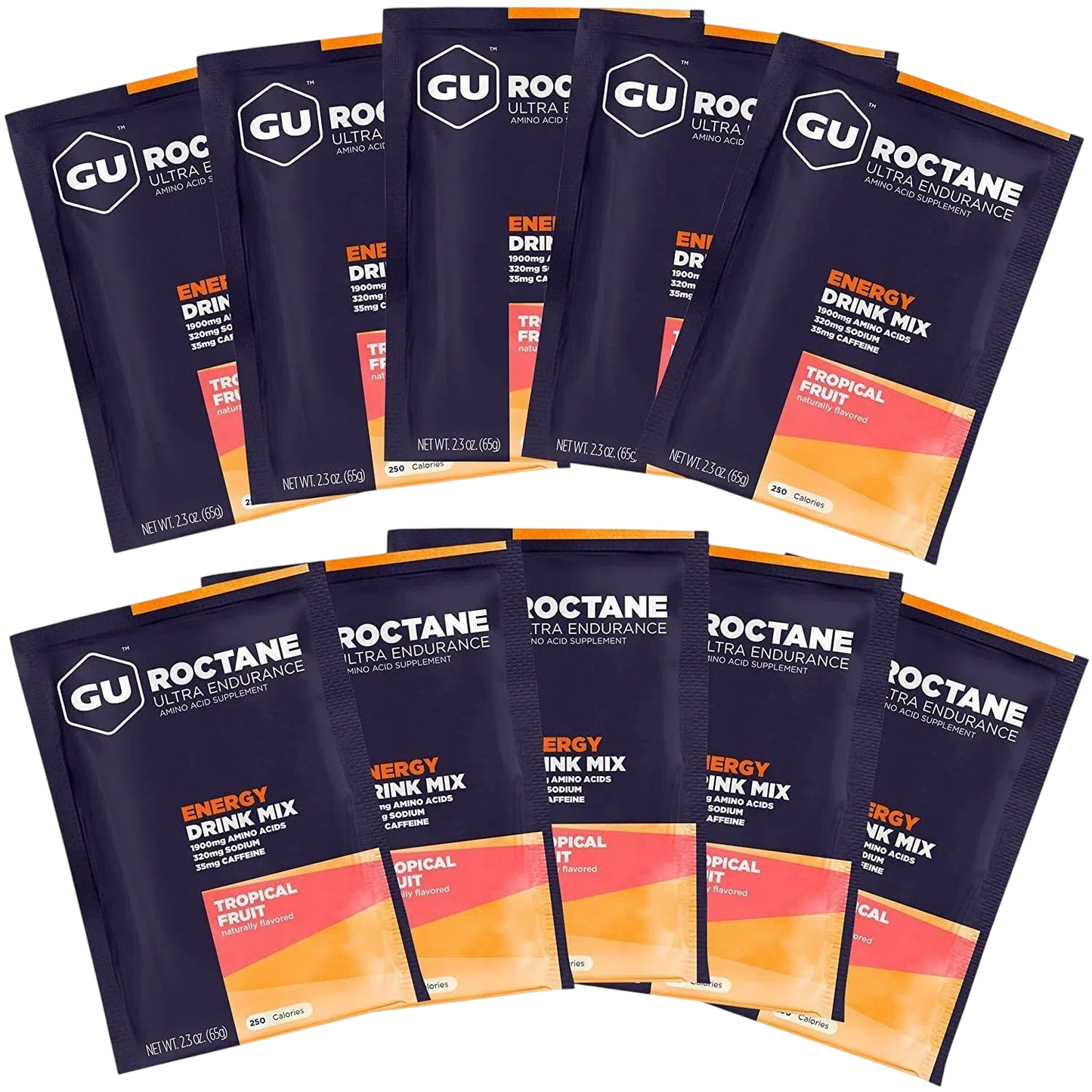 GU Roctane Drink Hidratación Tropical Fruit (35 mg Cafeína), 650 gr (10 sobres / 65g) – GU Energy-Wellu