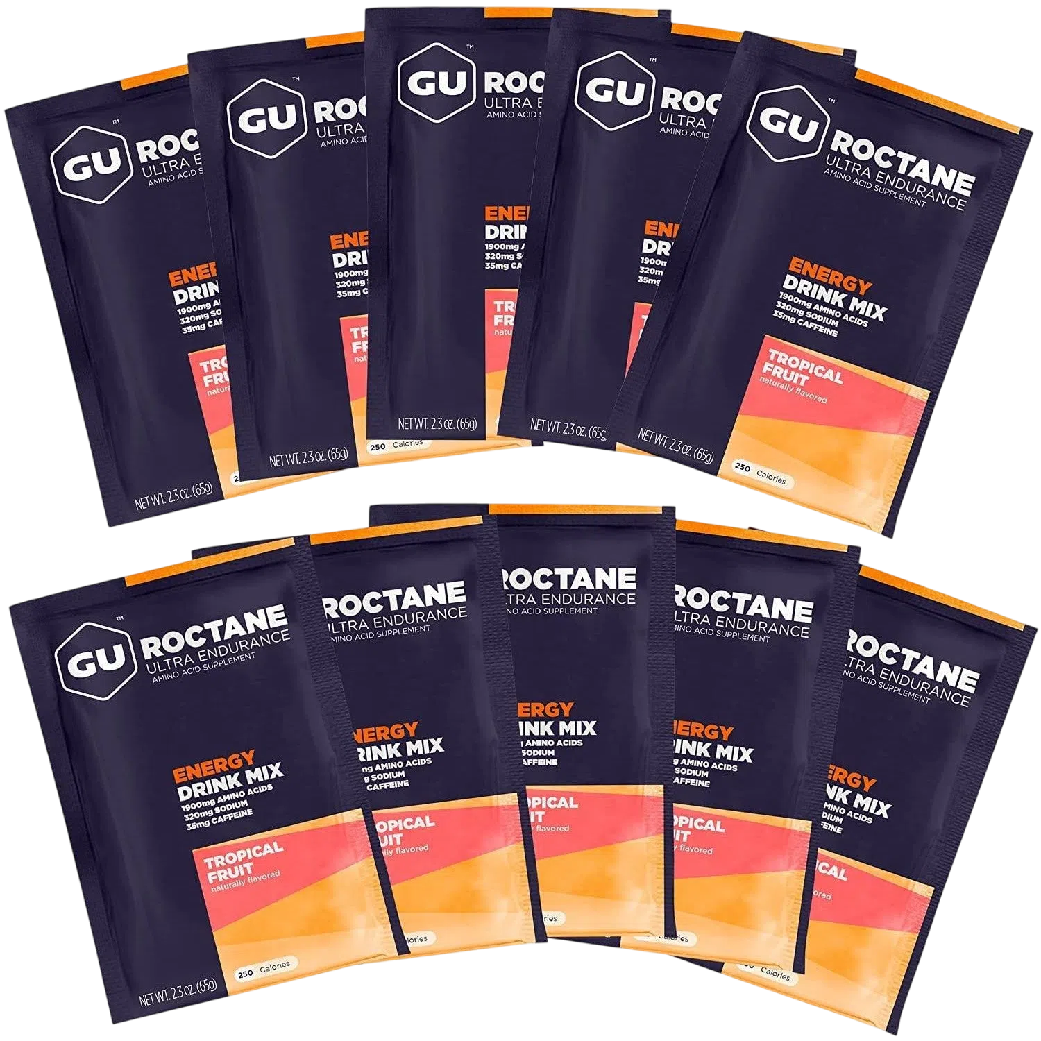 GU Roctane Drink Hidratación Tropical Fruit (35 mg Cafeína), 650 gr (10 sobres / 65g) – GU Energy-Wellu