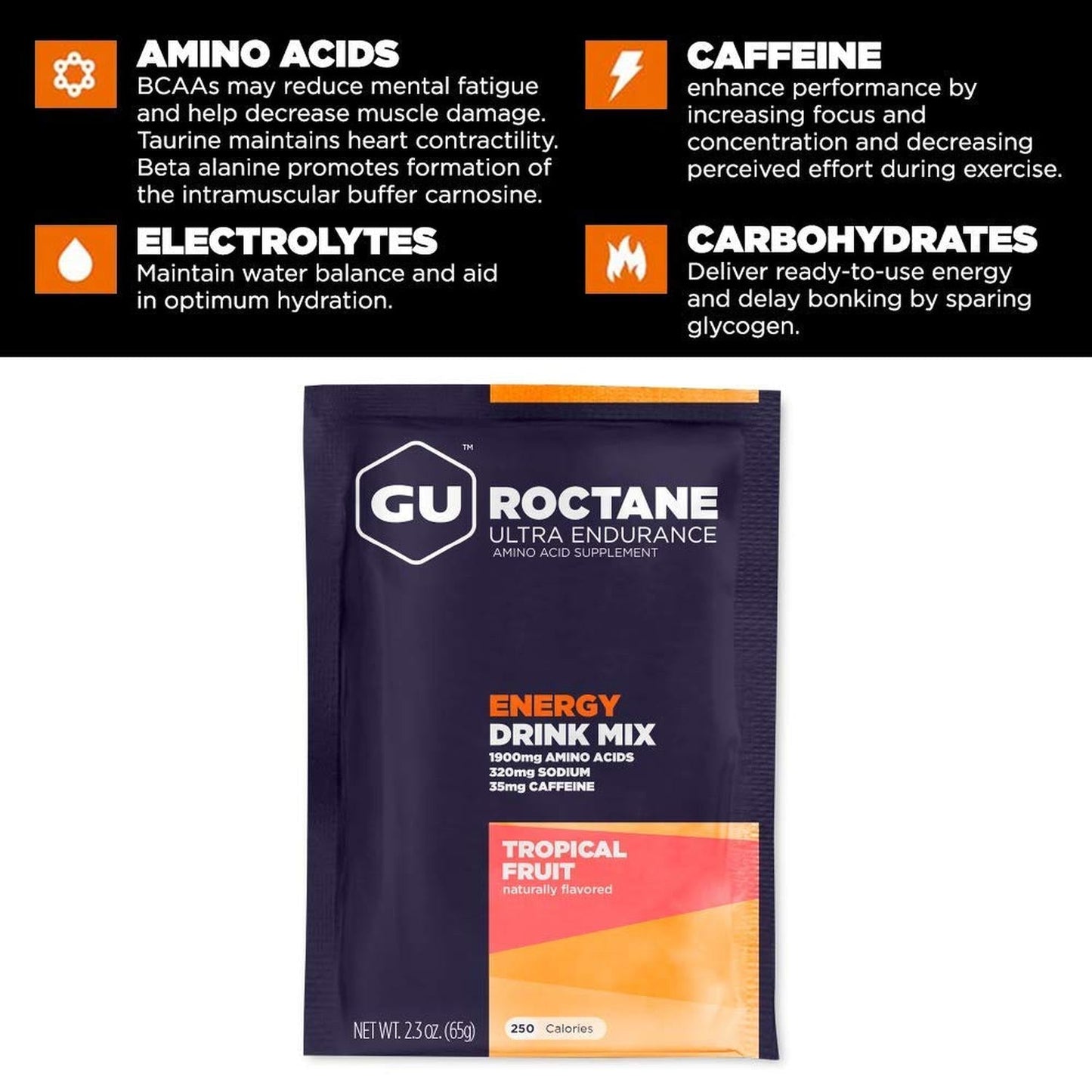 GU Roctane Drink Hidratación Tropical Fruit (35 mg Cafeína), 65g – GU Energy-Wellu