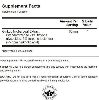 Ginkgo Biloba Extracto 60mg, Cognición, 30 Caps – Swanson-Wellu