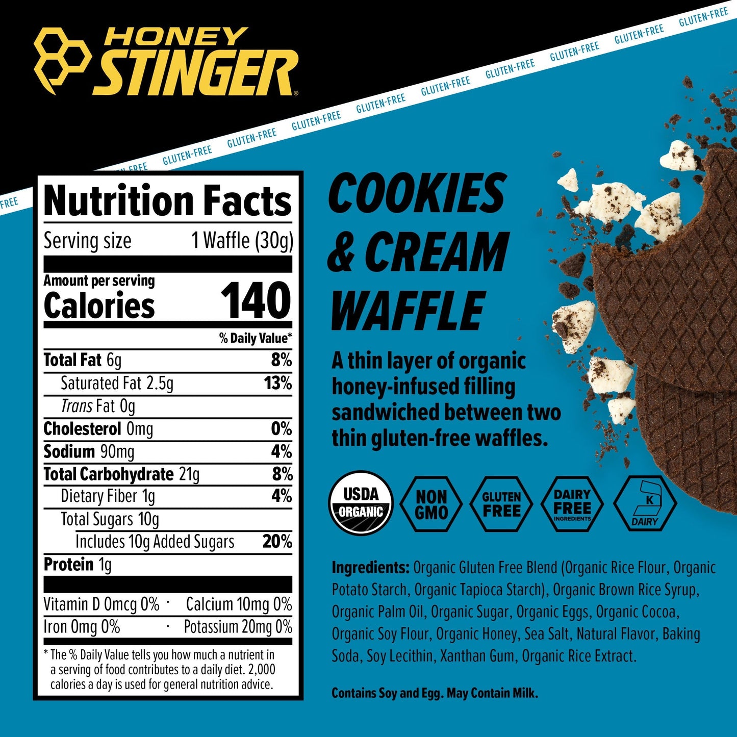 Honey Stinger Gluten Free Waffle Cookies & Cream 28.5gr c/12 pz-Wellu