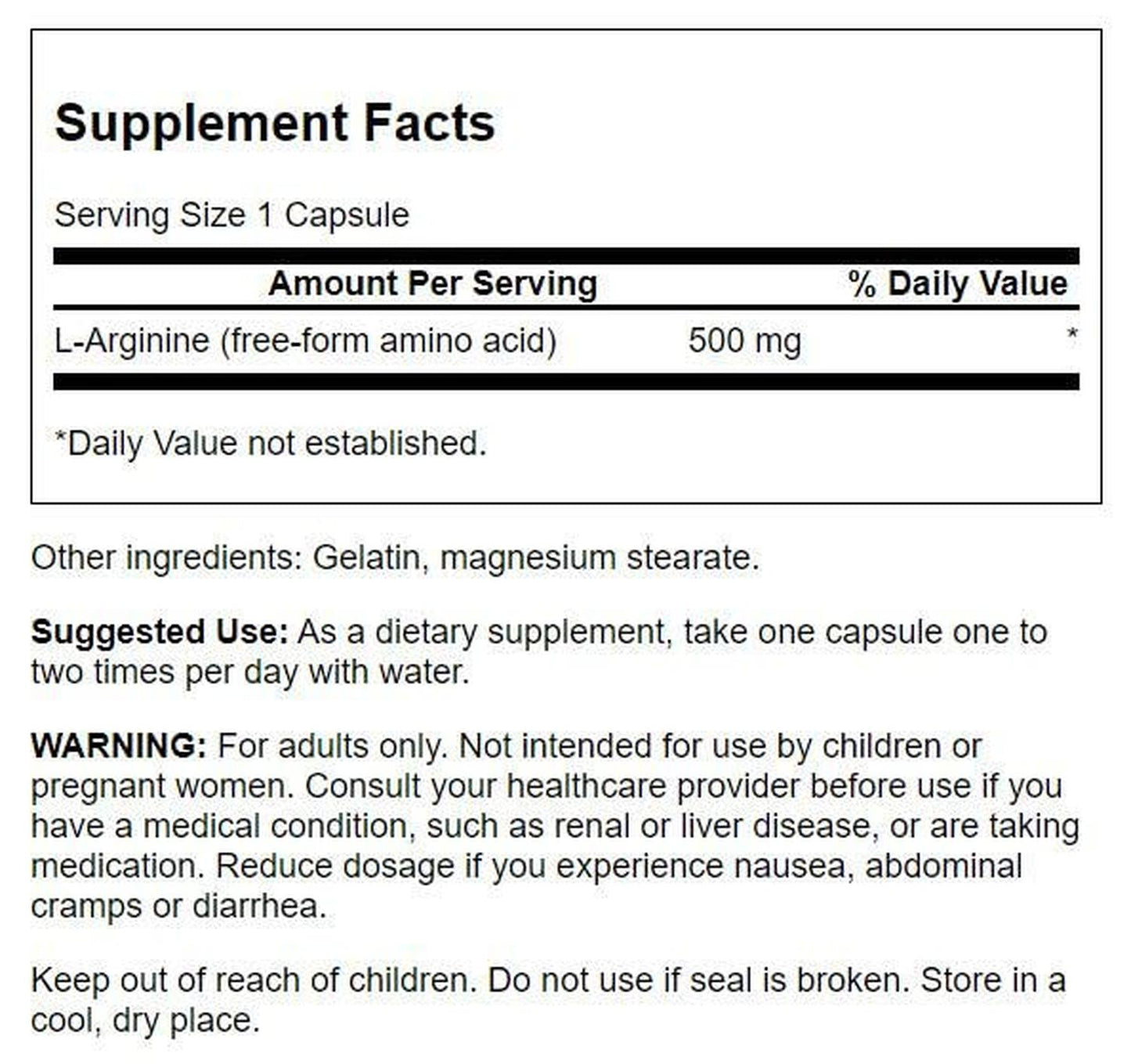 L-Arginine 500mg, 100 Caps – Swanson-Wellu