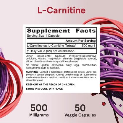 L-Carnitina 500mg, 50 Cápsulas Vegetales – Jarrow Formulas-Wellu