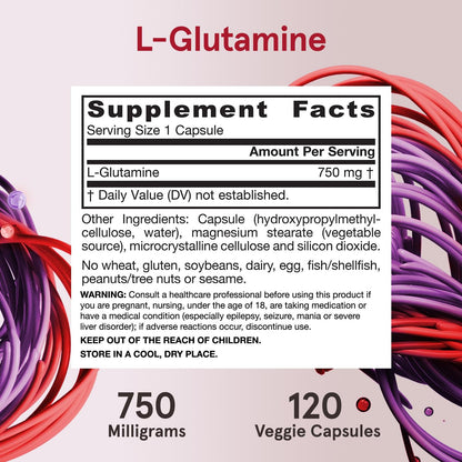 L-Glutamina 750mg, 120 Cápsulas Vegetales – Jarrow Formulas-Wellu