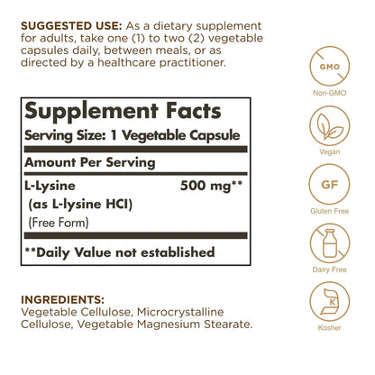 L-Lysine 500mg, 100 Capsulas – Solgar-Wellu