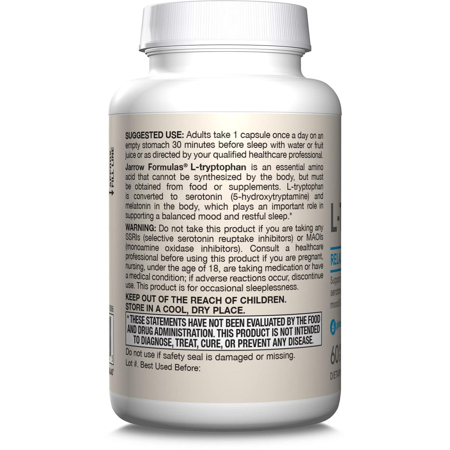 L-Triptófano 500mg, 60 Cápsulas – Jarrow Formulas-Wellu