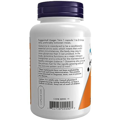 L-glutamina de 500 mg, 120 Cápsulas Veg – NOW Foods-Wellu