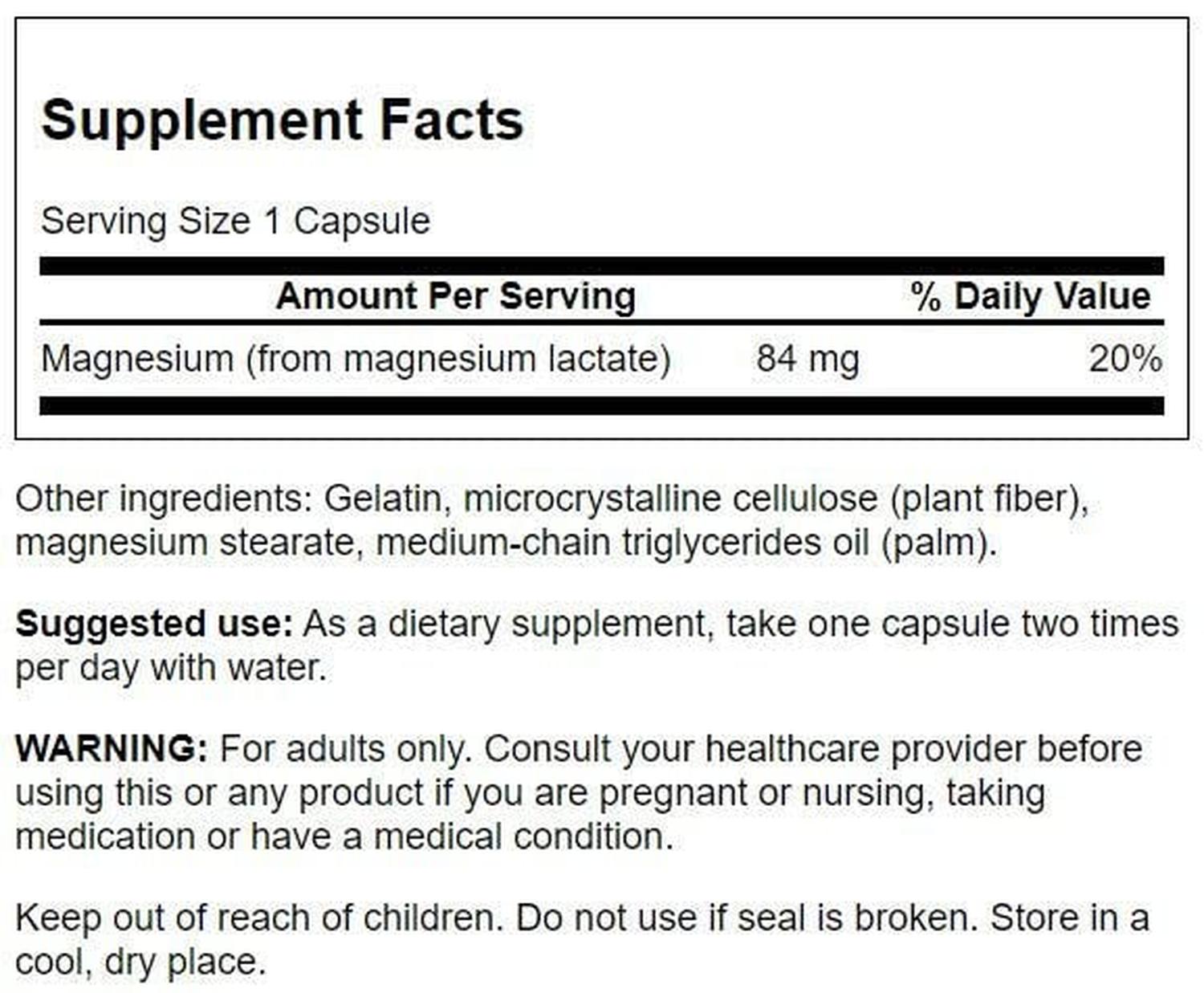 Magnesio (Lactato) 84mg, 120 Caps – Swanson-Wellu