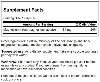 Magnesio (Lactato) 84mg, 120 Caps – Swanson-Wellu