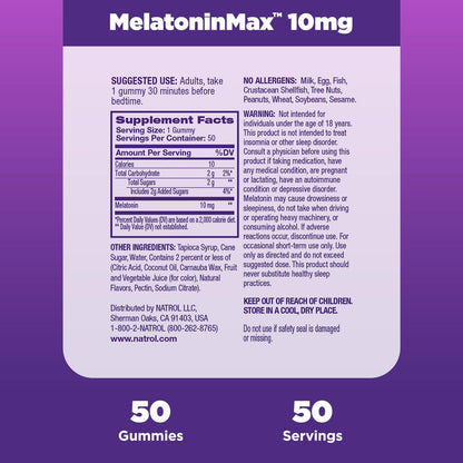 Melatonina 10mg (Máxima concentración), 50 Gomitas Arandano Azul – Natrol-Wellu