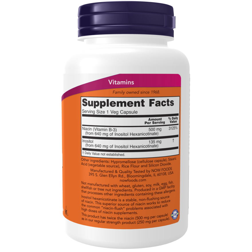 Niacina sin enjuague 500mg (Doble concentración), 90 cápsulas – NOW Foods