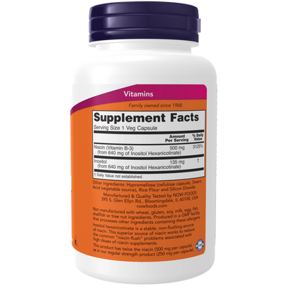 Niacina sin enjuague 500mg (Doble concentración), 90 cápsulas – NOW Foods