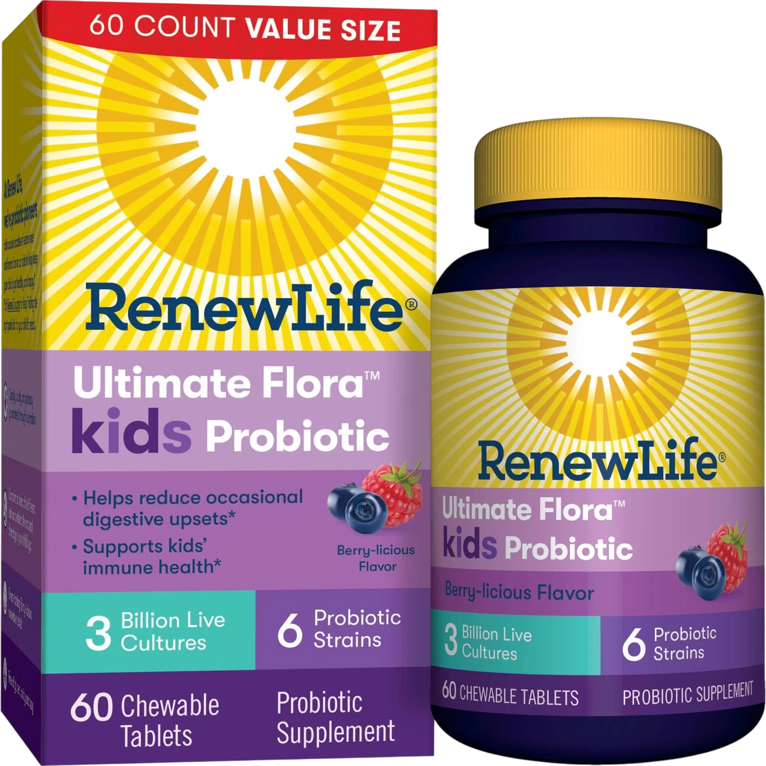 Probiótico Ultimate Flora para niños, 3 billones de UFC, 60 caps Frutos del bosque – Renew Life-Wellu