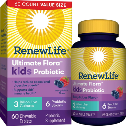 Probiótico Ultimate Flora para niños, 3 billones de UFC, 60 caps Frutos del bosque – Renew Life-Wellu