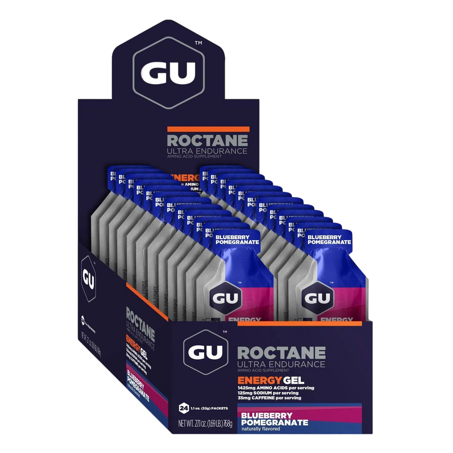 Roctane Gel Energía, Blueberry Pomegranate (35 mg Cafeína) (24 gels 32g) – GU Energy-Wellu