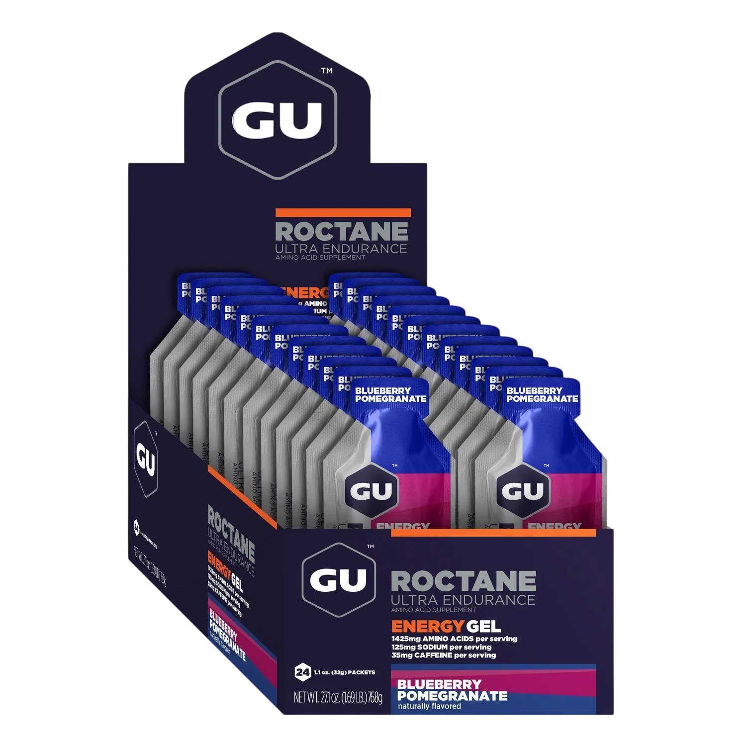 Roctane Gel Energía, Blueberry Pomegranate (35 mg Cafeína) (24 gels 32g) – GU Energy-Wellu