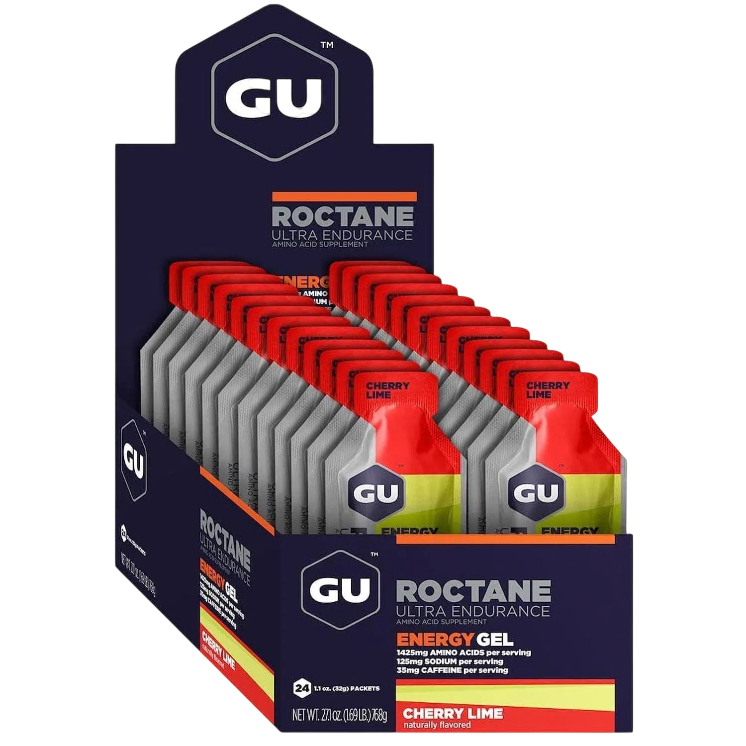 Roctane Gel Energía, Cherry Lime (35 mg Cafeína) (24 gels 32g) – GU Energy-Wellu