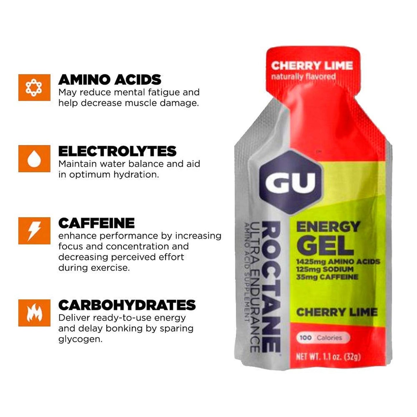 Roctane Gel Energía, Cherry Lime (35 mg Cafeína) 32g – GU Energy-Wellu