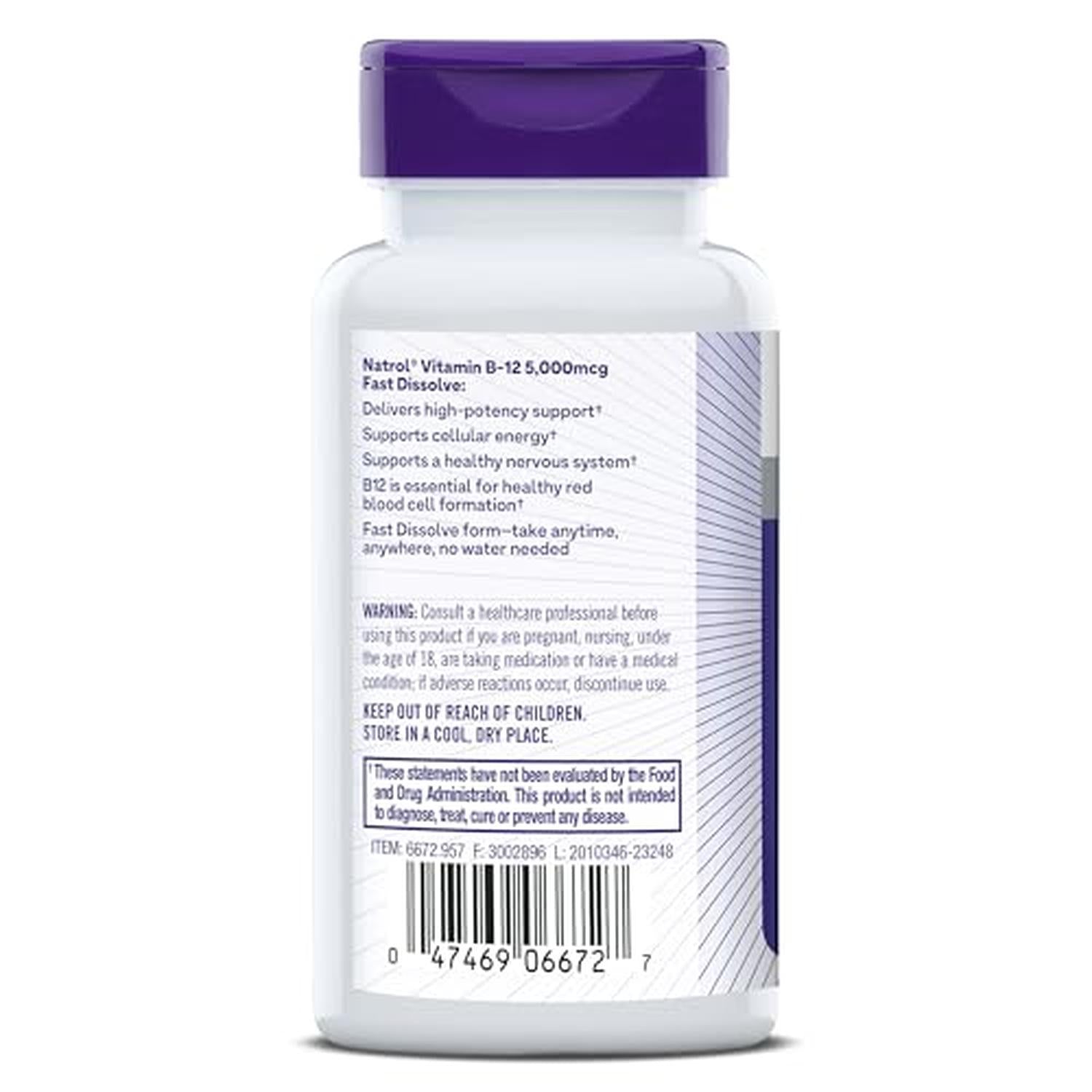 Vitamin B-12 (cyanocobalamin) 5000mcg, 100 tabletas – Natrol-Wellu