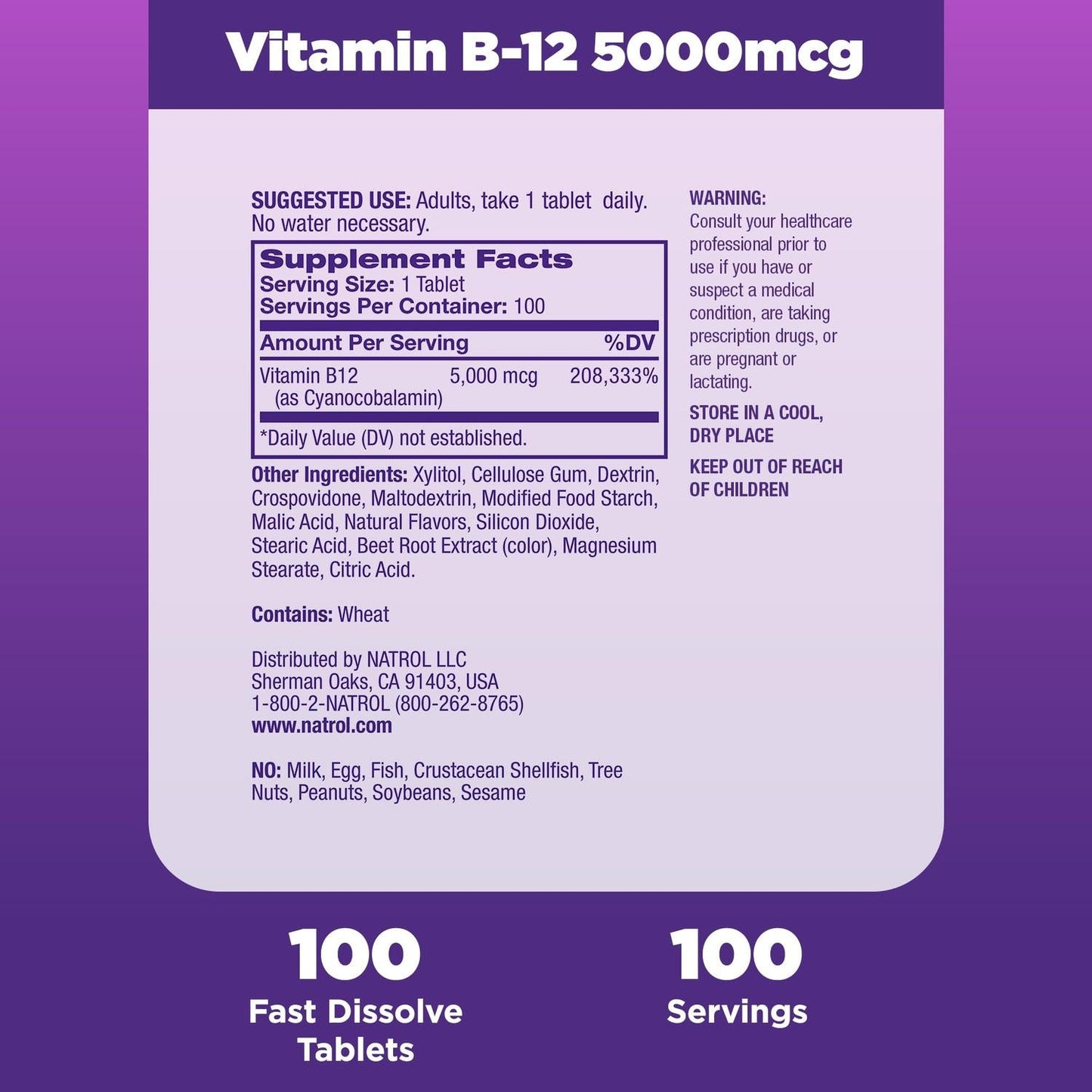 Vitamin B-12 (cyanocobalamin) 5000mcg, 100 tabletas – Natrol-Wellu