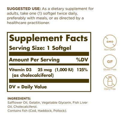 Vitamin D3 Cholecalciferol 25mcg (100 IU), 250 Soft – Solgar-Wellu